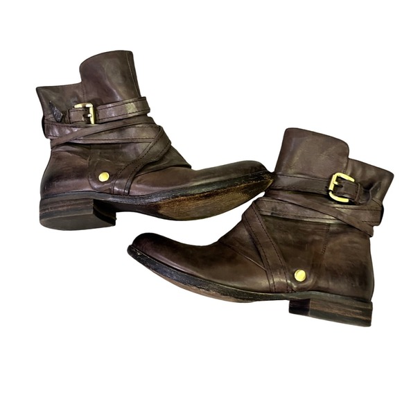 Miz Mooz Bailey Boot Womens 8 Brown Leather Buckle Strap Accent Moto Style - Picture 1 of 13